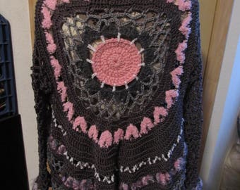 Crochet Circular Shawl with Sleeves - Greys and Pinks - Adult Medium