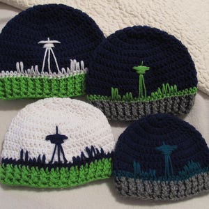 Crochet Seattle Skyline Beanies - Football, Baseball or Soccer - Baby to Adult Sizes