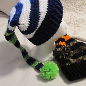 Crochet Long Tailed Elf Stocking Hats - 3 Colored Striped - Custom Made to fit Child to Adult Sizes