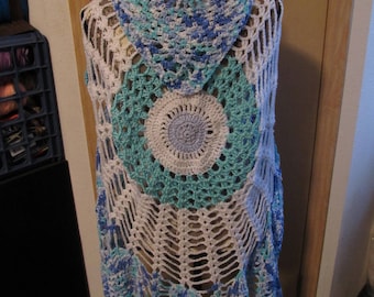 Crochet Circular Pineapple Shawl with Arm Holes - Turqouis, Blues and White - Adult Medium