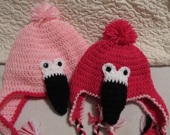 Crochet Pink Flamingo Hat with Ear Flaps and Braided Ties - can be made to fit Baby to Adult Sizes - Made to Order