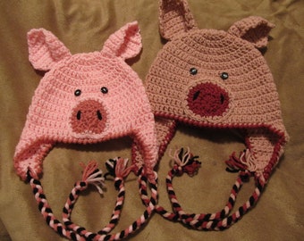 Crochet Little Piggy Hat with Ear Flaps, Braided Ties AND Curly Tail - Baby to Adult Sizes - Made to Order