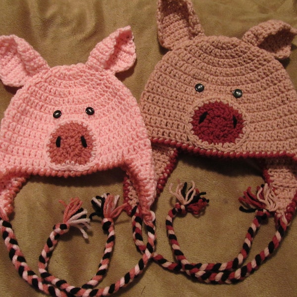 Crochet Little Piggy Hat with Ear Flaps, Braided Ties AND Curly Tail - Baby to Adult Sizes - Made to Order