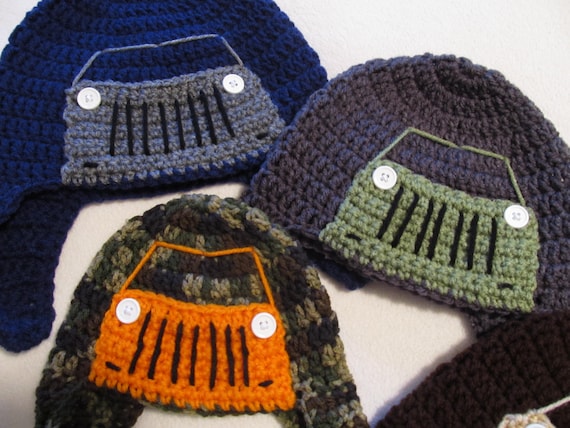 Crochet Jeep/Truck Hat  - Baby to Adult Sizes in Tough Outdoor Colors **NEW - add a matching Diaper Cover for Baby - Made to Order