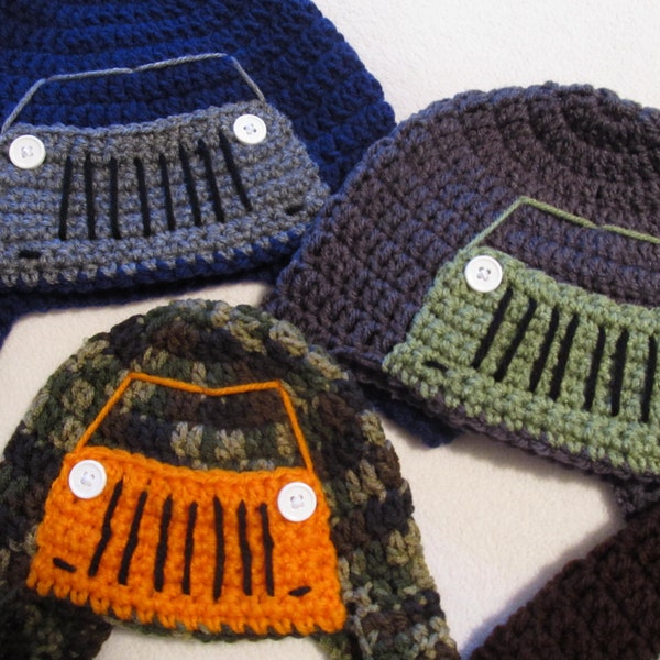 Crochet Jeep/Truck Hat  - Baby to Adult Sizes in Tough Outdoor Colors **NEW - add a matching Diaper Cover for Baby - Made to Order