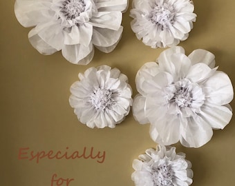 New! Set of 5 Tissue Paper Flowers (Snow White) -  Perfect Decorations for  Wedding & Bridal Showers