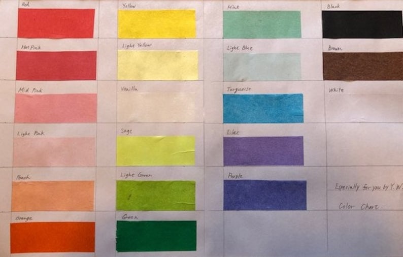 May include: Color chart with 20 different colored paper samples. The colors include red, hot pink, mid pink, light pink, peach, orange, yellow, light yellow, vanilla, sage, light green, green, mint, light blue, turquoise, lilac, purple, black, brown, and white.