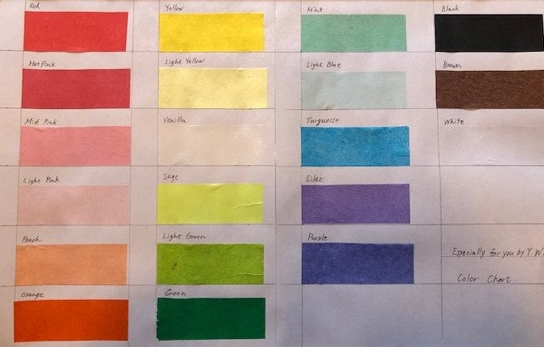 May include: Color chart with 20 different colored paper samples. The colors include red, hot pink, mid pink, light pink, peach, orange, yellow, light yellow, vanilla, sage, light green, green, mint, light blue, turquoise, lilac, purple, black, brown, and white.