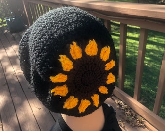 Sunflower Slouchy Hat with Stretchy Brim, Additional Color Options, Hand Crocheted and Knitted