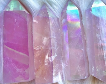 Aura Rose Quartz Tower, Hand Carved Crystal Point