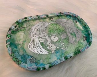 B- Grade -Alien Girl- Trinket tray-  Holographic and Alcohol Inks