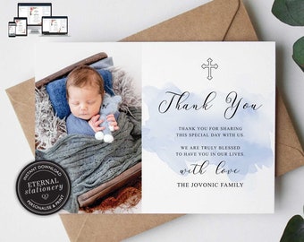Baptism thank you card, Christening thank you card template, editable Card, Baby Boy baptism, Baptism Card, Printable Thank you card, Rocco