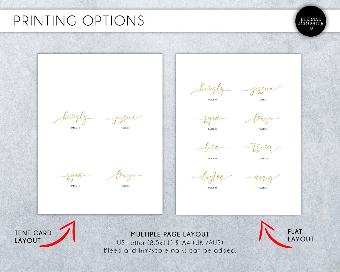 Editable Place Card Template Gold Foil Effect Calligraphy | Etsy