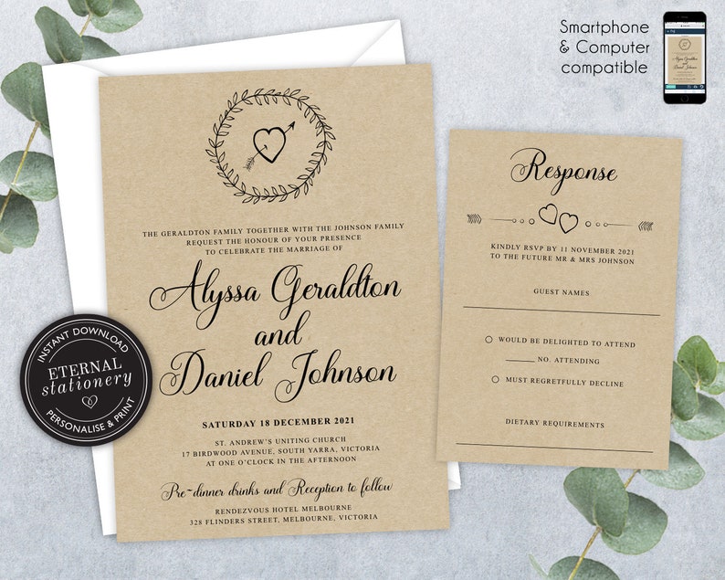 Printable Wedding Invitation Grey And White Wreath Laurel Elegant