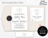 Pocket Wedding Invitation Suite, Wreath, Monogram, Wedding Invitation template, Printable, Editable, pocketfold, pocket folio, Ashley