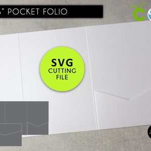 May include: A white 4x6 inch pocket folio with a green circle that says "SVG Cutting File". The folio has a pocket on the front and a fold-over flap.