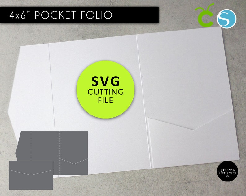 May include: A white 4x6 inch pocket folio with a green circle that says "SVG Cutting File". The folio has a pocket on the front and a fold-over flap.