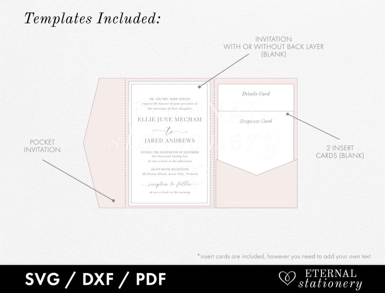 May include: A pink pocket invitation template with a white inner card. The template includes a pocket invitation, a details card, a response card, and two blank insert cards. The text on the invitation reads "Ellie June Mecham to Jared Andrews".