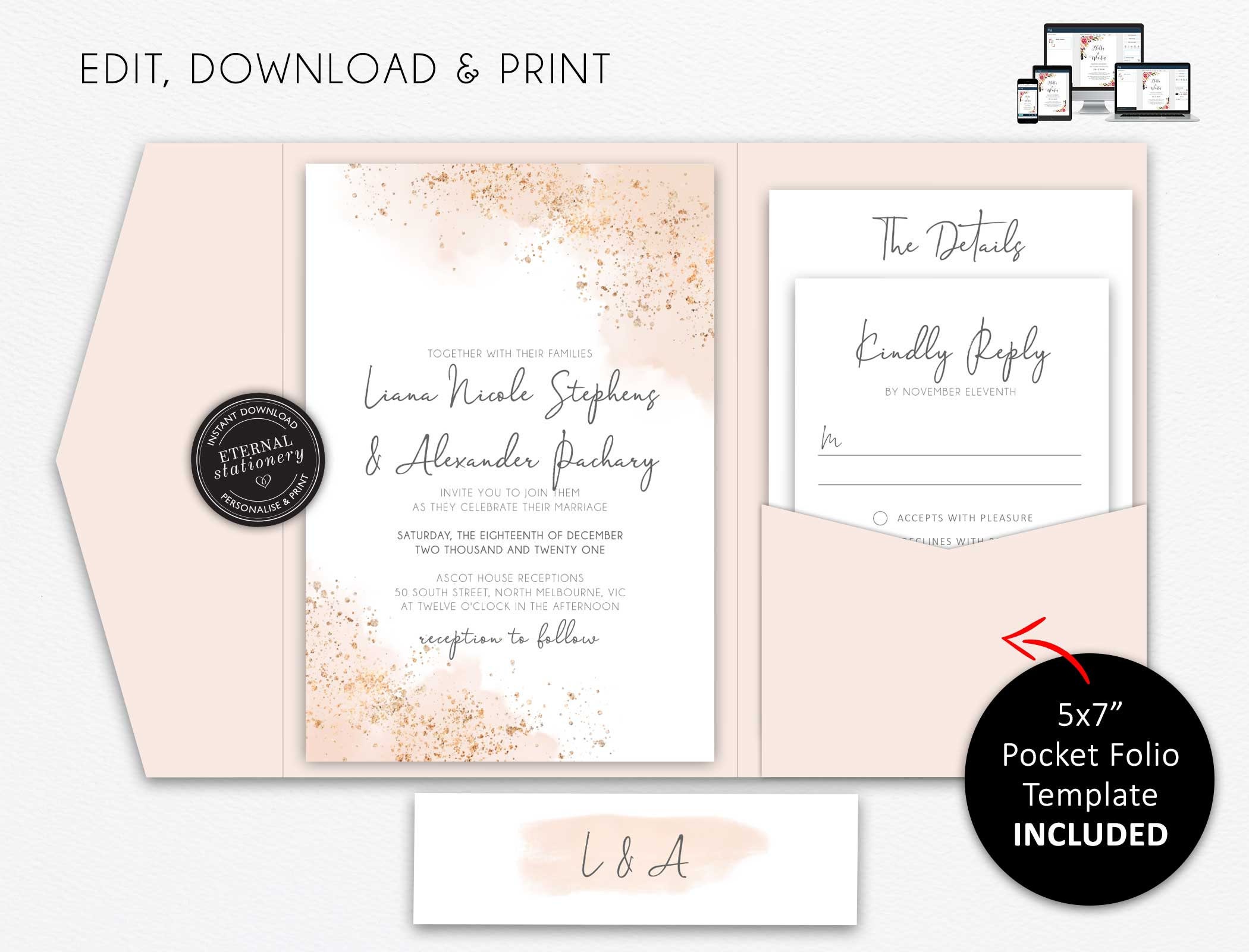 pocket wedding invitation suite rose gold invitation etsy