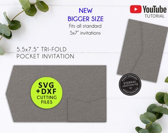 Extra Large 5.5x7.5" Pocket Wedding Invitation Template, Fits 5x7 Invitations, Laser Cut Pocket SVG, DXF, tri fold, pocket envelope, Cricut