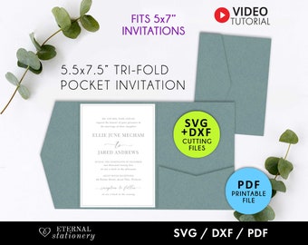 Modello di invito a nozze tascabile extra large 5,5x7,5", taglio laser tascabile SVG, tripla piega, busta tascabile in formato SVG, Cricut in formato SVG, invito a nozze