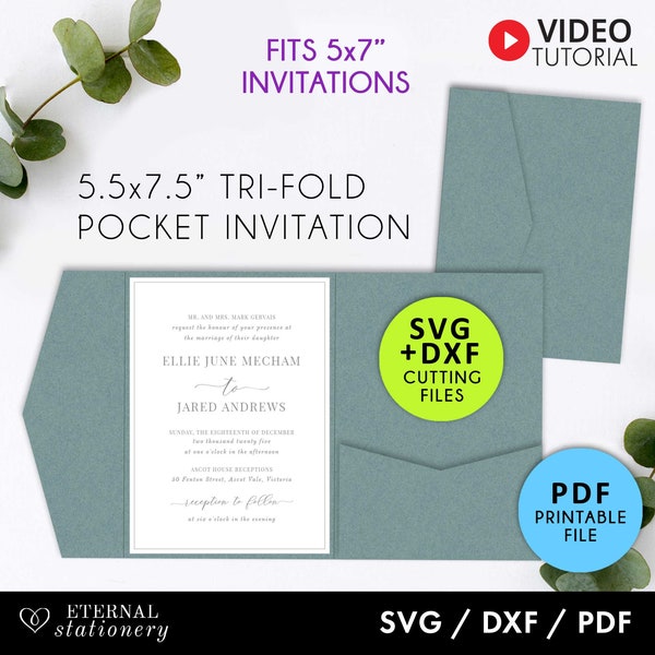 Extra Large 5.5x7.5" Pocket Wedding Invitation Template, Laser Cut Pocket SVG, tri fold, pocket envelope svg, Cricut svg, wedding invitation