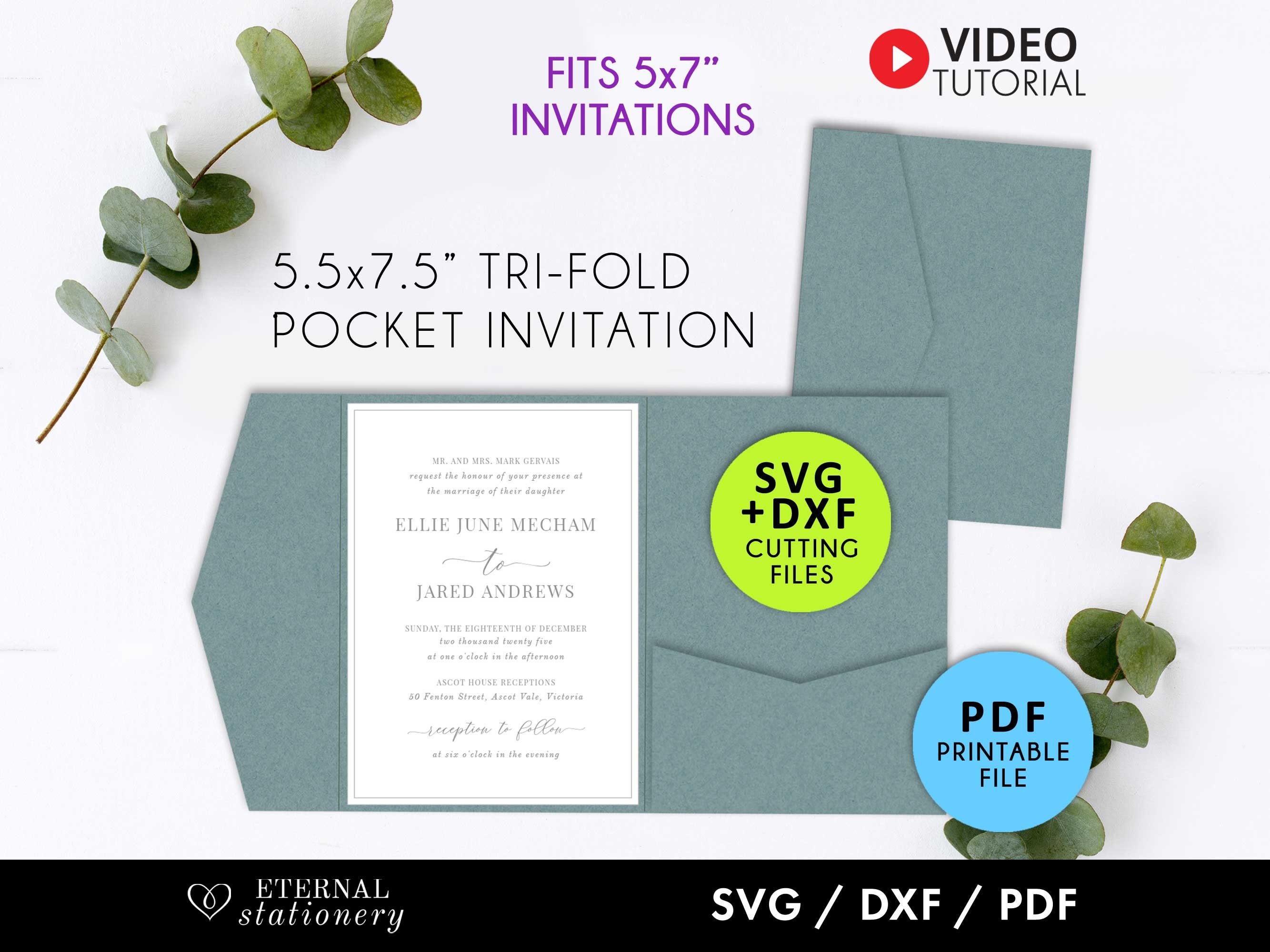 Extra Large 5.5x7.5" Pocket Wedding Invitation Template, Laser Cut Pocket SVG, tri fold, pocket envelope svg, Cricut svg, wedding invitation