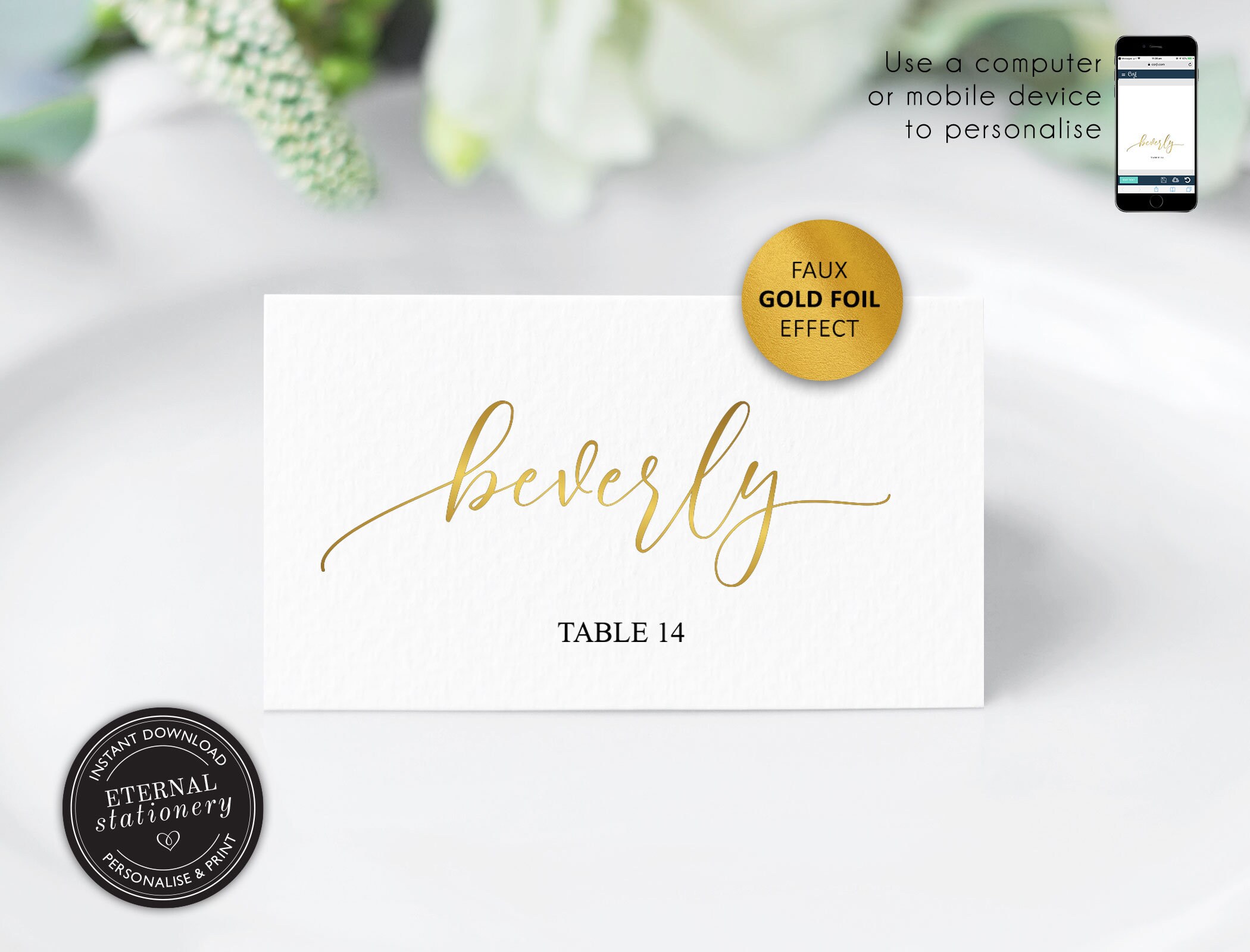 Editable Place Card Template Gold Foil Effect Calligraphy | Etsy