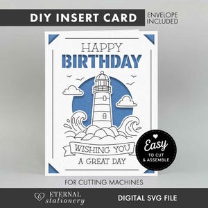 May include: A white DIY insert card featuring a blue lighthouse illustration, waves, clouds, and birds. The text reads HAPPY BIRTHDAY and WISHING YOU A GREAT DAY. A black circular badge states EASY TO CUT & ASSEMBLE. The design includes corner accents.