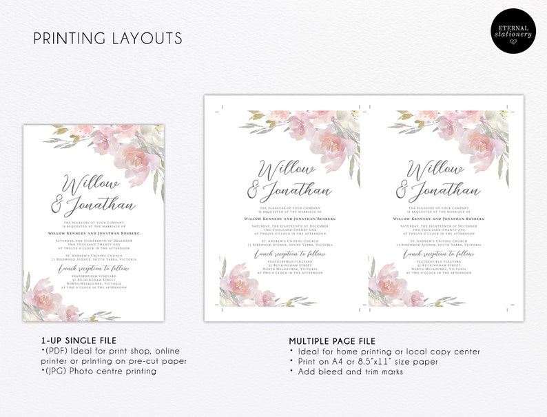 Roses Blush Pink and Grey Wedding Invitation Willow Editable Wedding Invitation Printable Watercolour Wedding Invitation template