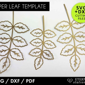 May include: Gold paper leaf templates with the text "PAPER LEAF TEMPLATE" at the top. The image also includes the text "SVG + DXF CUTTING FILES" and "SVG / DXF / PDF". The leaves are arranged on a white background.