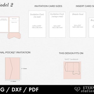 May include: Diagram showing how to create a pocket invitation card using a 12x12 inch cardstock. The invitation card is 5.75 x 3.75 inches and fits inside a pocket created by folding the cardstock. The diagram also shows the sizes of the insert cards, which are 5.5 x 3.5 inches for the details card and 4.25 x 3.5 inches for the response card.