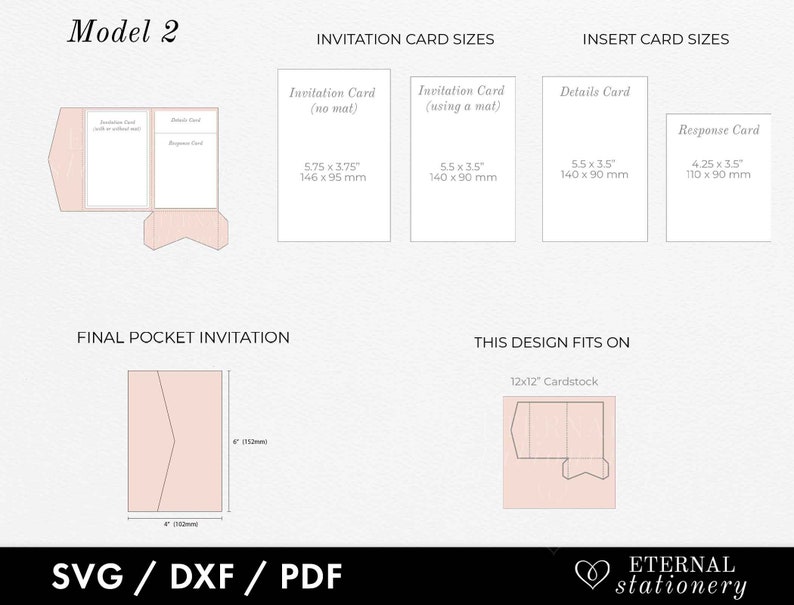 May include: Diagram showing how to create a pocket invitation card using a 12x12 inch cardstock. The invitation card is 5.75 x 3.75 inches and fits inside a pocket created by folding the cardstock. The diagram also shows the sizes of the insert cards, which are 5.5 x 3.5 inches for the details card and 4.25 x 3.5 inches for the response card.