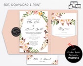 Pocket Wedding Invitation Suite, Floral, Boho, watercolour, Wedding Invitation template Printable, Editable, pocketfold, pocket folio, Ella