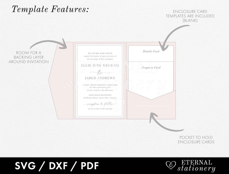 May include: A pink pocket fold wedding invitation template with a white inner card. The template features a pocket to hold enclosure cards and room for a backing layer around the invitation. The text on the inner card reads "Ellie June Mechan to Jared Andrews".