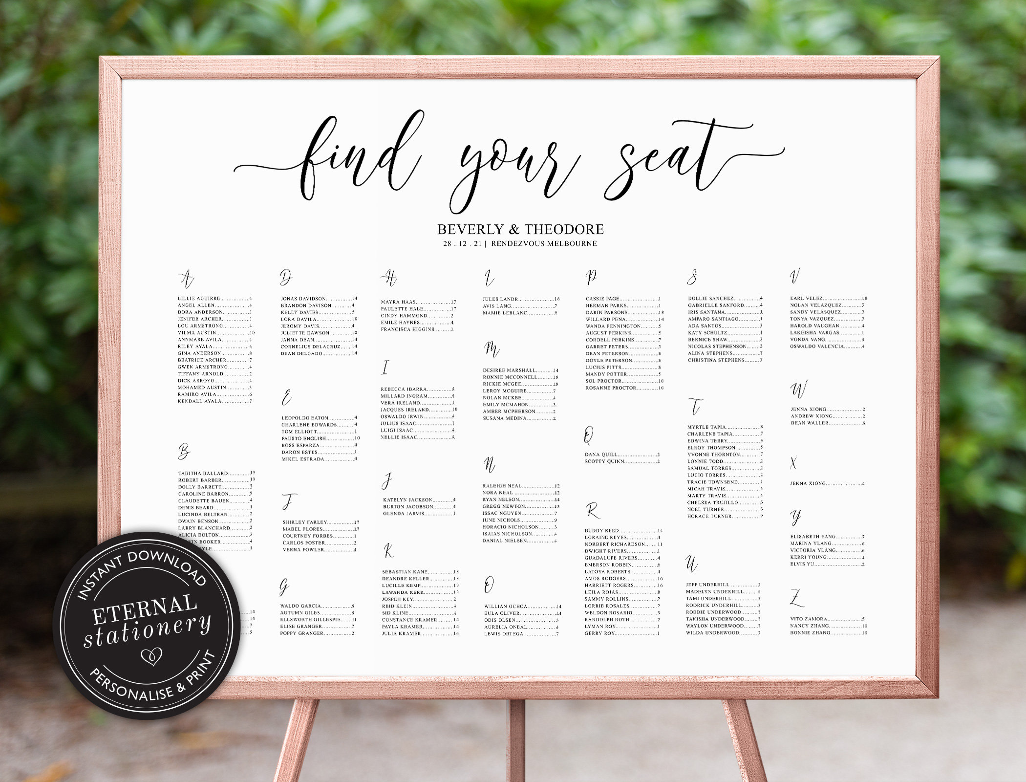 Minimalist Wedding Seating Chart Template Alphabetical Seating Chart Wedding Seating Chart Board Editable Template Seating Chart Gold Foil
