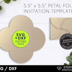 スクエア花びら折り招待状 SVG テンプレート、花びら折りカード SVG、招待状カード SVG、レーザーカット結婚式招待状、クリカット招待状