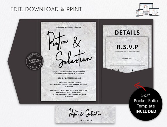 pocket wedding invitation suite modern marble wedding etsy