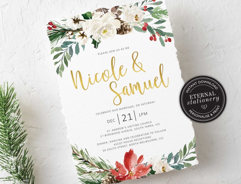 Christmas Wedding Invitation Template Floral Wedding Etsy