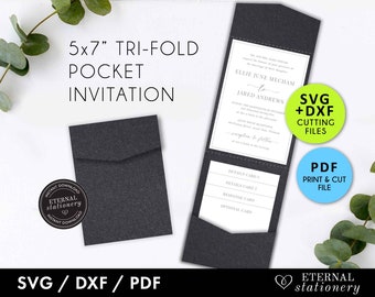 5x7 Pocket Wedding Invitation Template, trifold wedding invitation, Laser Cut invitation svg, pocket envelope, pocket envelope, cricut svg