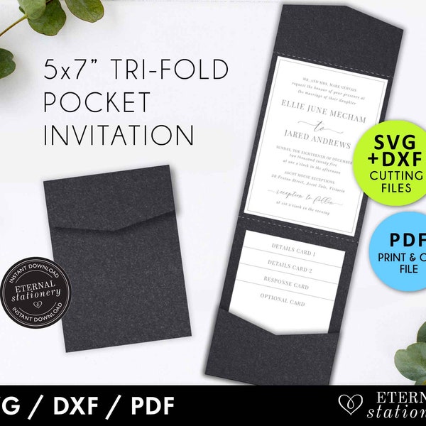 5x7 Pocket Wedding Invitation Template, trifold wedding invitation, Laser Cut invitation svg, pocket envelope, pocket envelope, cricut svg
