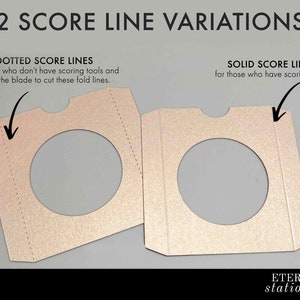 May include: Two variations of score lines for paper crafts. The first image shows dotted score lines, which are for those who don't have scoring tools and need to use a blade to cut the fold lines. The second image shows solid score lines, which are for those who have scoring tools.