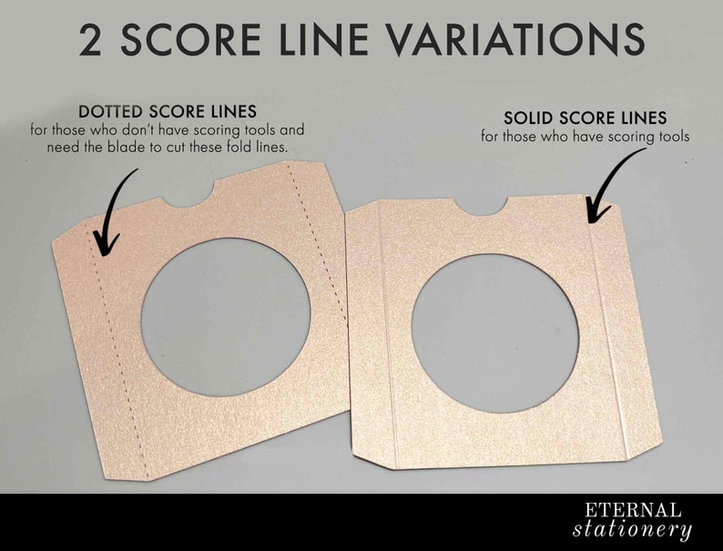 May include: Two variations of score lines for paper crafts. The first image shows dotted score lines, which are for those who don't have scoring tools and need to use a blade to cut the fold lines. The second image shows solid score lines, which are for those who have scoring tools.