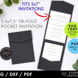 Modèle d'invitation de poche 5,5 x 7,5 pouces, s'adapte aux invitations 5 x 7 pouces, Laser Cut Pocket SVG, DXF, invitation à trois volets, enveloppe de poche, Cricut svg