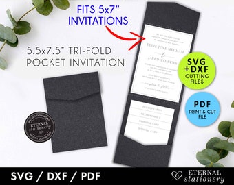 5.5 x7.5in Pocket Invitation Template, Fits 5x7in invitations, Laser Cut Pocket SVG, DXF, tri fold invitation, pocket envelope, Cricut svg