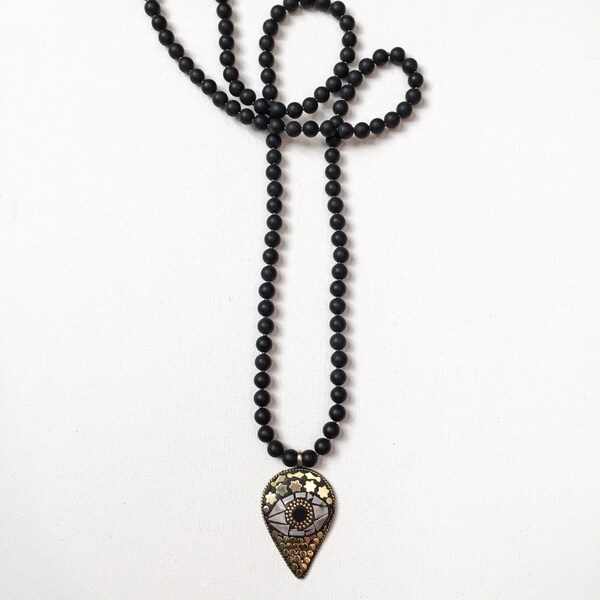 protective eye pendant with black onyx & white howlite || matte black onyx beaded necklace  ||