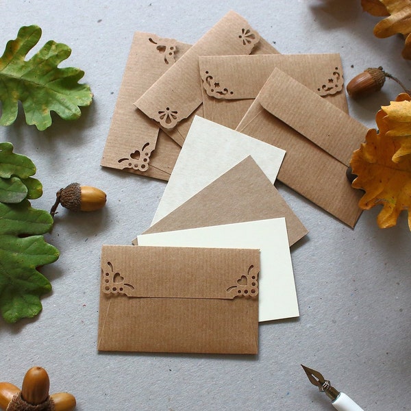 25 Mini Envelopes with Cards - Rustic Wedding Envelopes - Kraft Envelopes - Tiny Brown envelopes - Thank You Gift Card Envelopes -