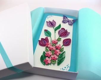 Quilling Card Tulip Bouquet Spring Flowers Gift for Her Mom Daughter Sister Girlfriend  - Unique Paper Handmade Birthday Card - Luxury Boxed