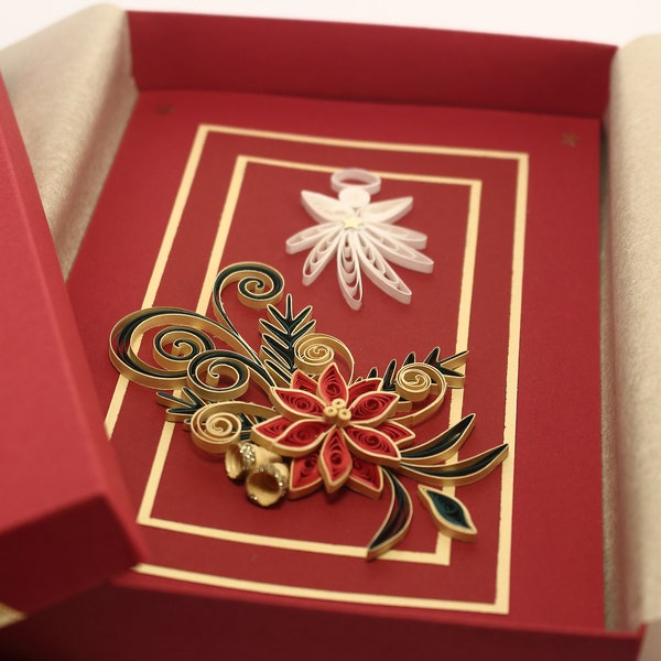 Christmas Card Handmade Quilling Card in Red and Gold - Christmas Angel Card - Xmas greeting card - Luxury Quilling Holiday Card to parents