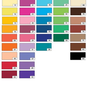 May include: A color chart with 90 different paint colors, numbered 08 through 90. The colors are arranged in rows and columns, with each color having a corresponding number.